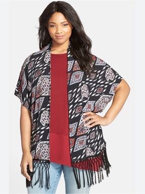 Vince Camino Black GeoPrinted Fringe Kimono with Red Accent Size XL Boho